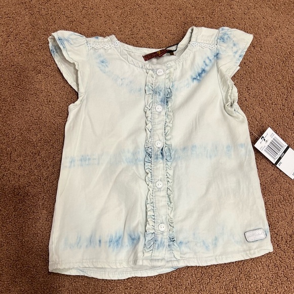 7 For All Mankind Girls Ruffle Button-Down Shirt - Blue Tie-Dye Size 24M - Picture 1 of 5